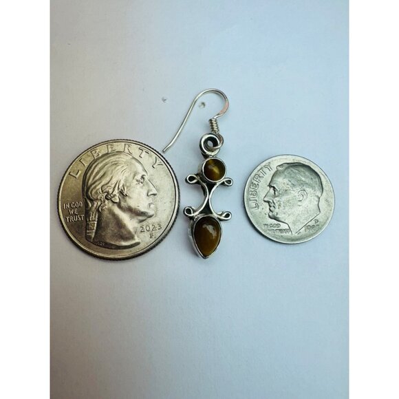 Estate Sterling Silver 925 Tiger Eye Drop Dangle Earrings Hook 3.56g Boho Chic - Picture 6 of 7